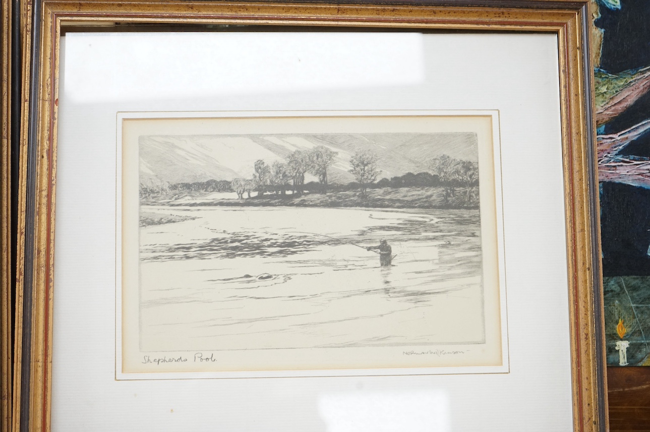 Norman Wilkinson (1878-1971), set of four etchings, to include: ‘Loch fishing’, 'A likely cast' and ‘Shepherd's pool’, each signed in pencil, 15 x 21cm. Condition - fair